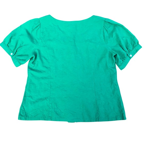 Old Navy Linen Blend Green Button Front Top Puff Short Sleeves Blouse Womens M - Picture 3 of 5